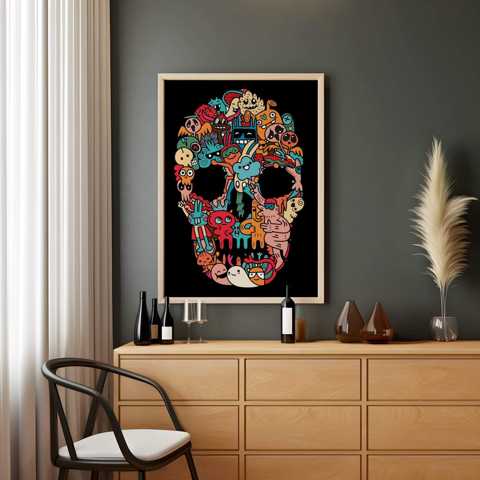 Doodle Skull Cute Monsters Character Mashup Matte Canvas Print - Image 2