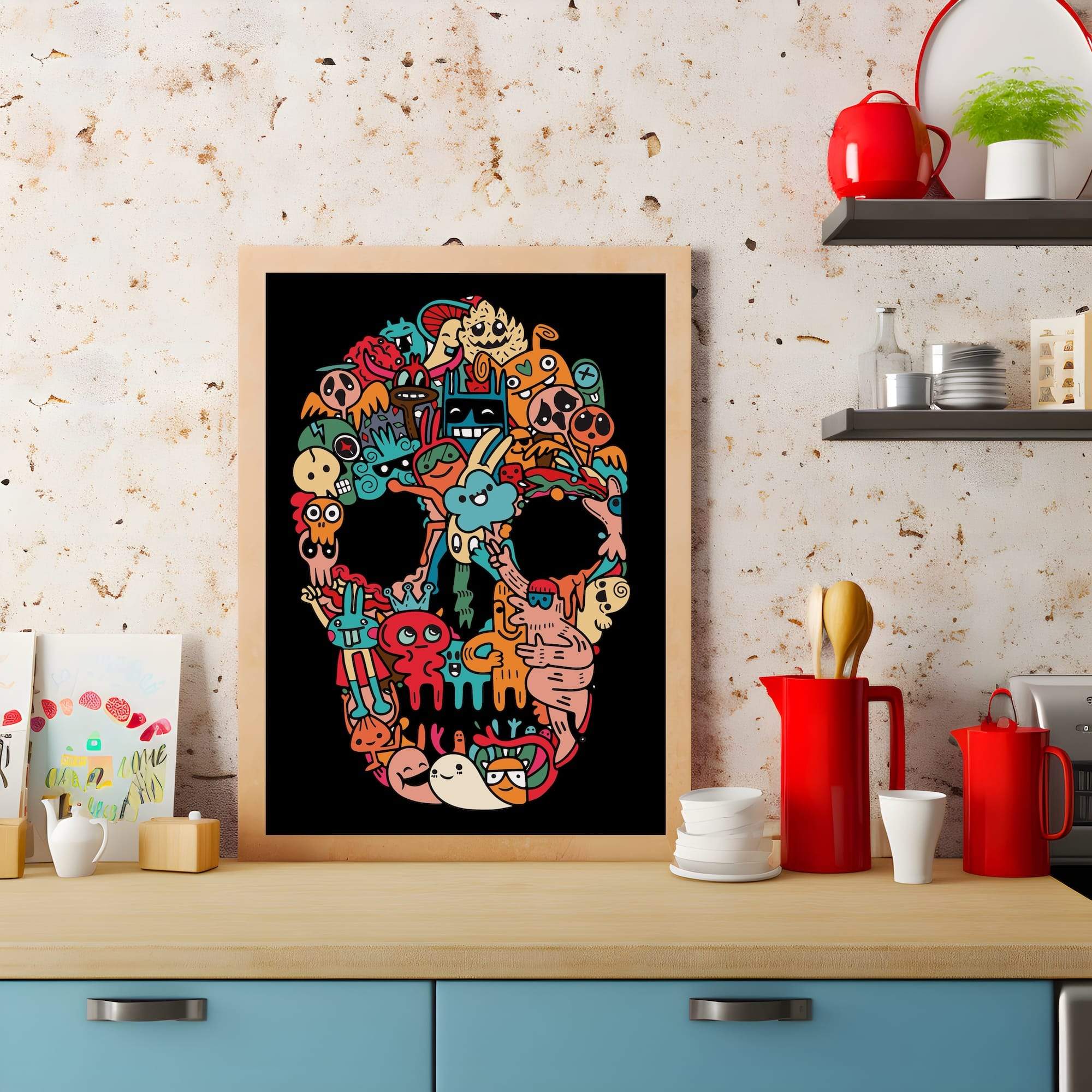 Doodle Skull Cute Monsters Character Mashup Matte Canvas Print - Image 3