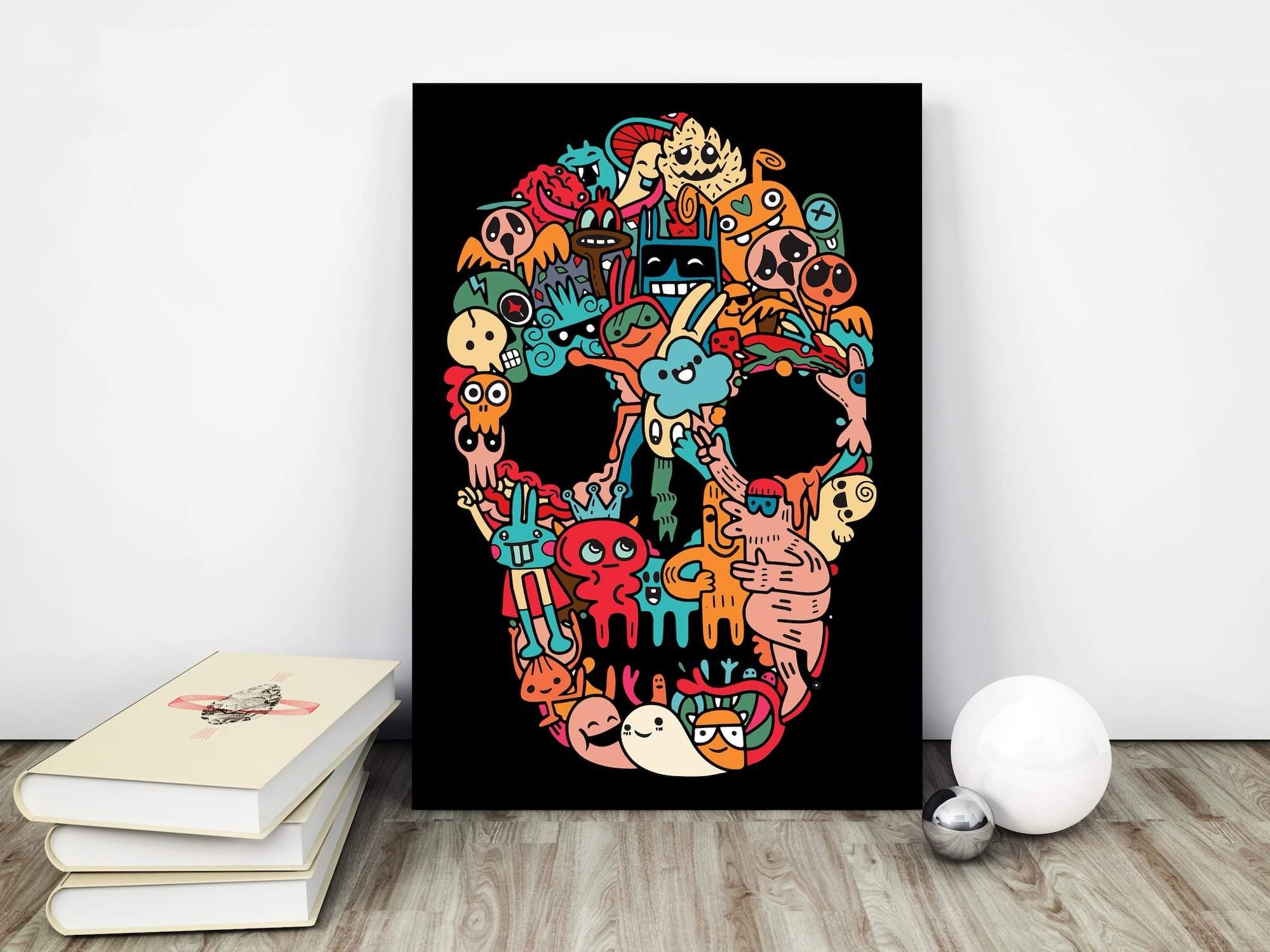 Doodle Skull Cute Monsters Character Mashup Matte Canvas Print - Image 4