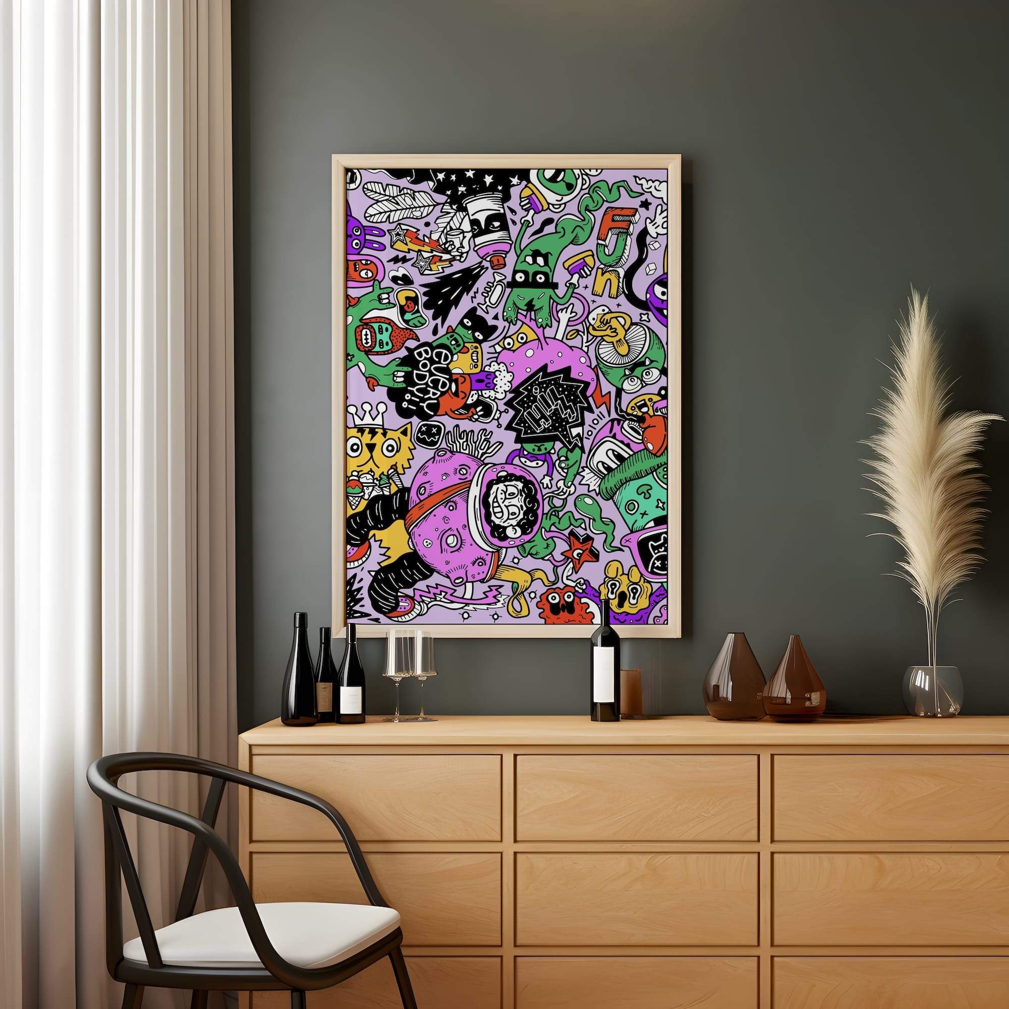 Floating Doodles Astronaut In Chaos Neon Aliens Matte Canvas Print - Image 2