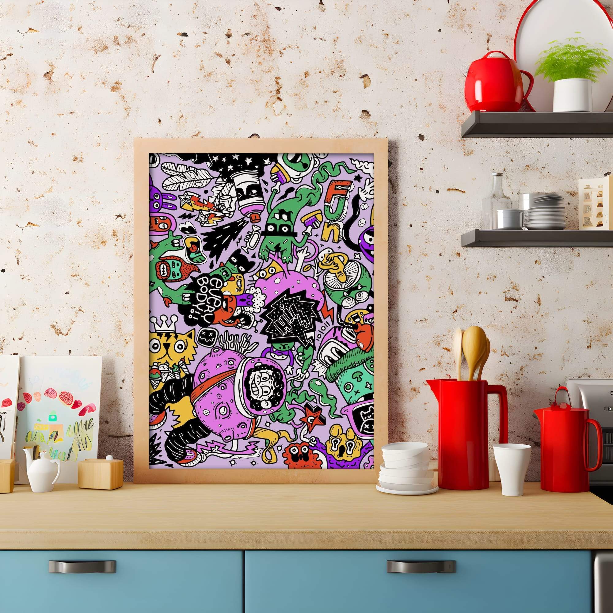 Floating Doodles Astronaut In Chaos Neon Aliens Matte Canvas Print - Image 3