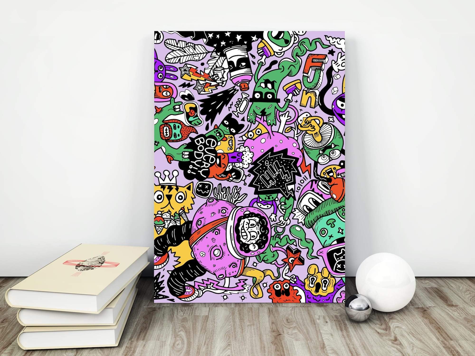 Floating Doodles Astronaut In Chaos Neon Aliens Matte Canvas Print - Image 4