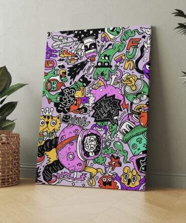 Floating Doodles Astronaut In Chaos Neon Aliens Matte Canvas Print