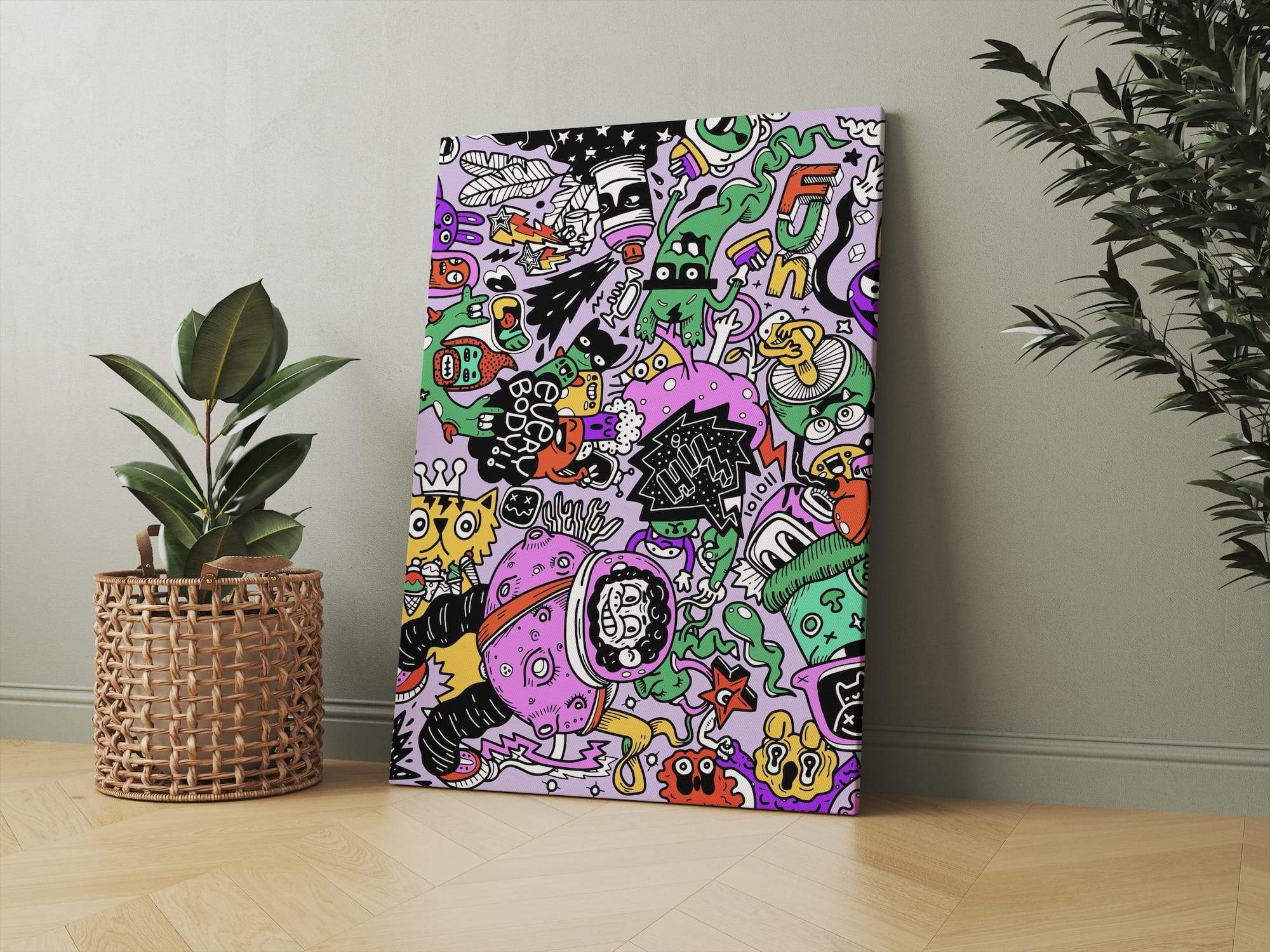 Floating Doodles Astronaut In Chaos Neon Aliens Matte Canvas Print