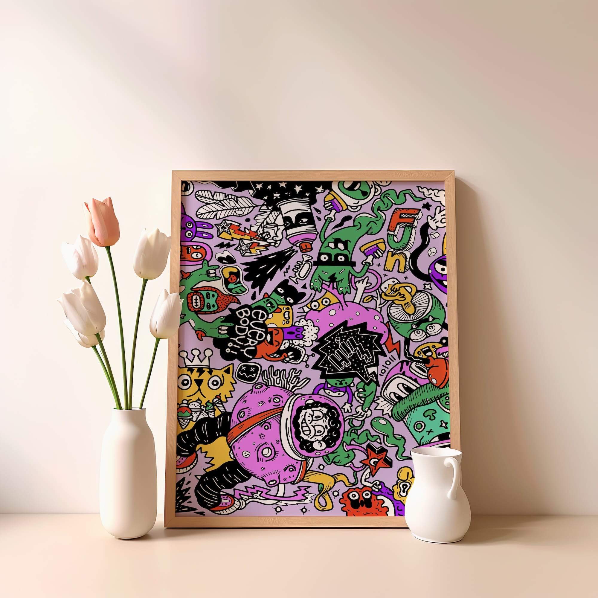Floating Doodles Astronaut In Chaos Neon Aliens Matte Poster Print