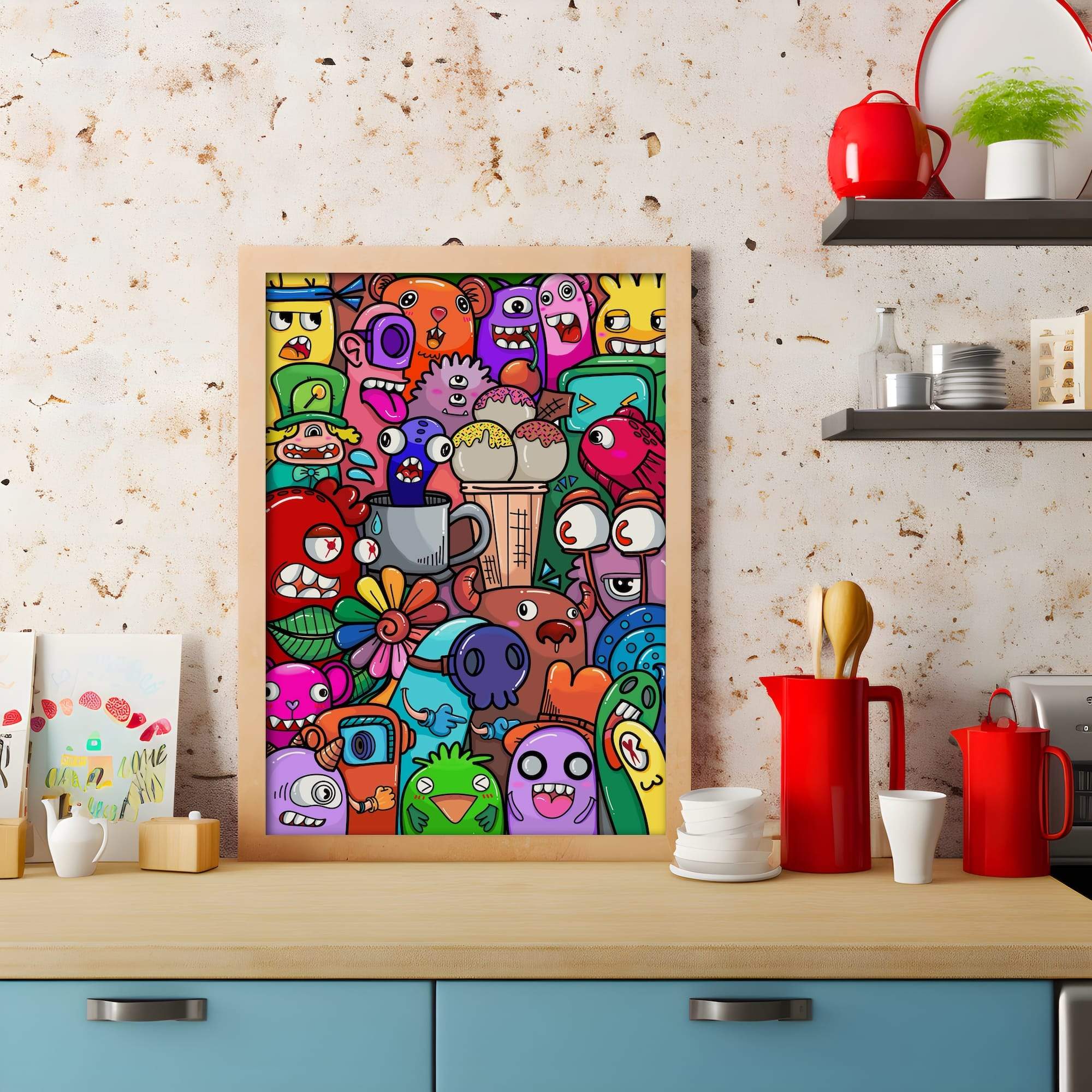 Ice Cream Doodle Surreal Creatures Colorful Chaos Matte Canvas Print - Image 3