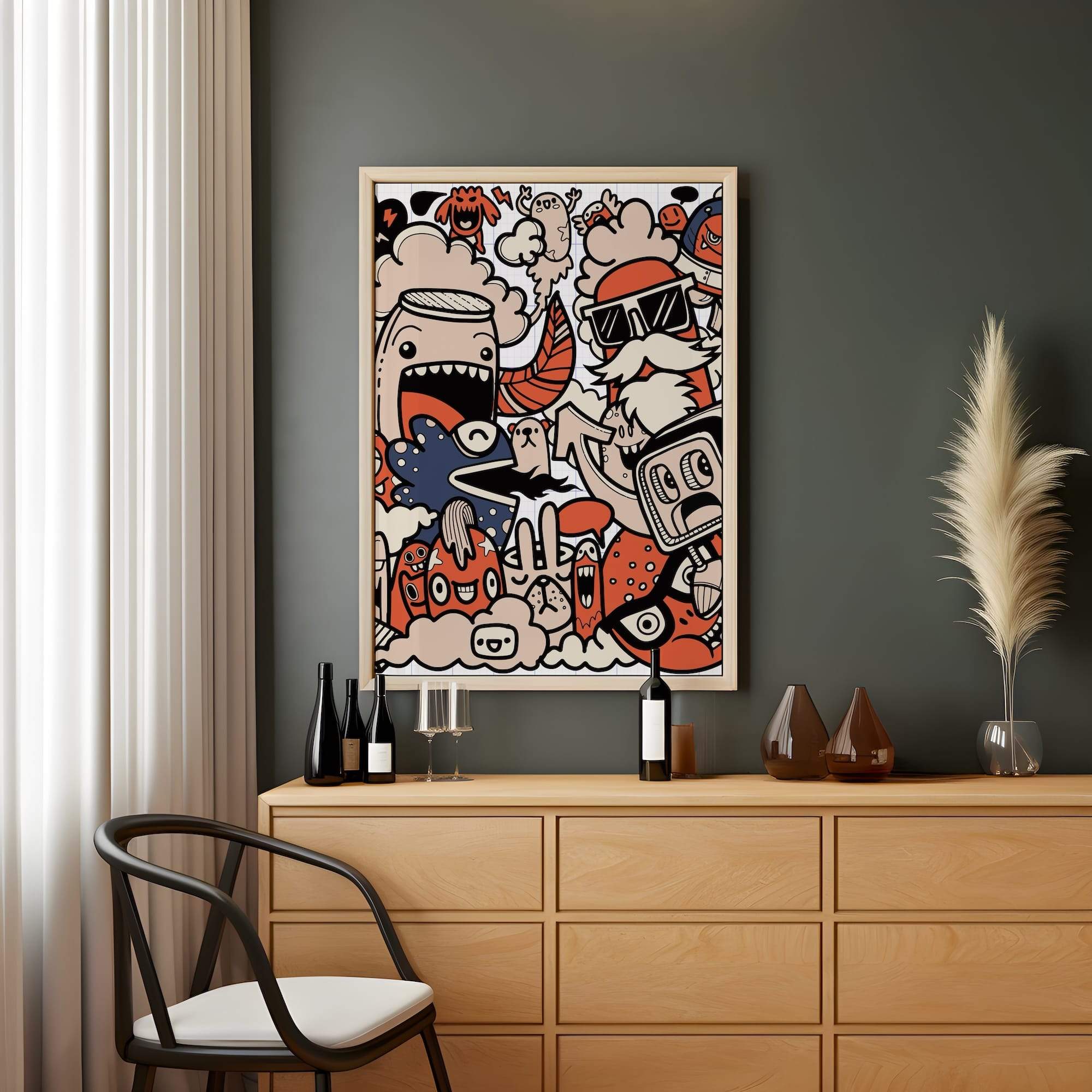 Notebook Doodle Art Red And Beige Cartoon Bold Lines Matte Canvas Print - Image 2