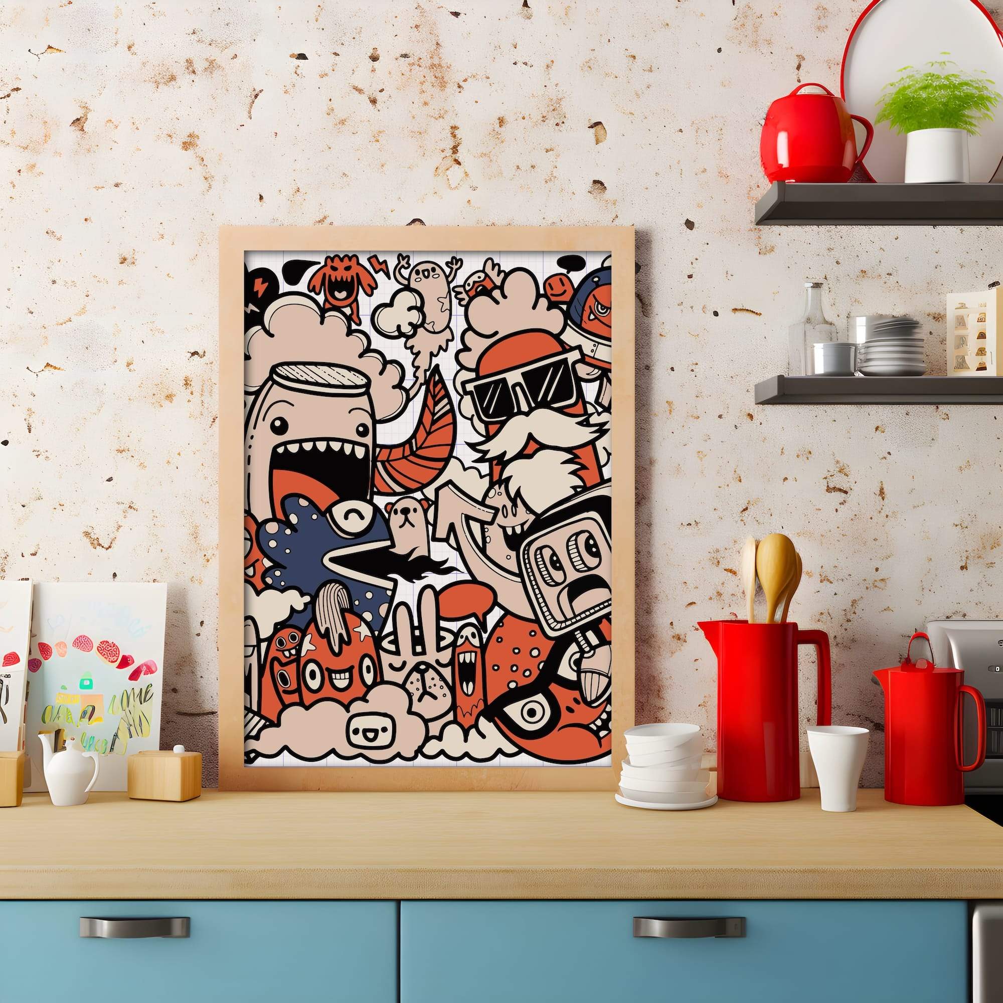 Notebook Doodle Art Red And Beige Cartoon Bold Lines Matte Canvas Print - Image 3