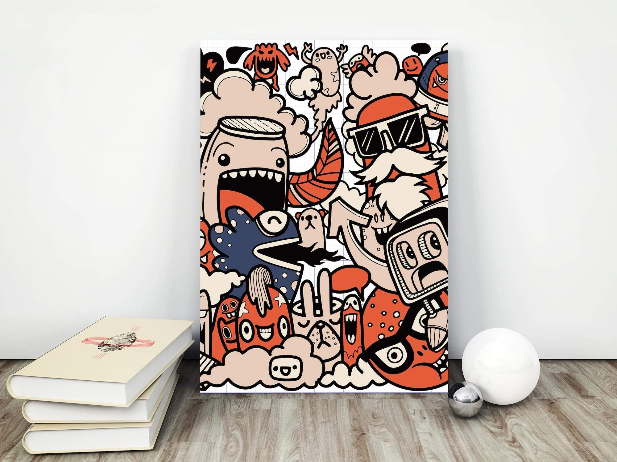 Notebook Doodle Art Red And Beige Cartoon Bold Lines Matte Canvas Print - Image 4