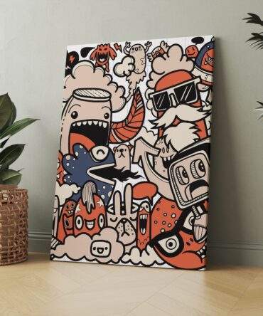 Notebook Doodle Art Red And Beige Cartoon Bold Lines Matte Canvas Print