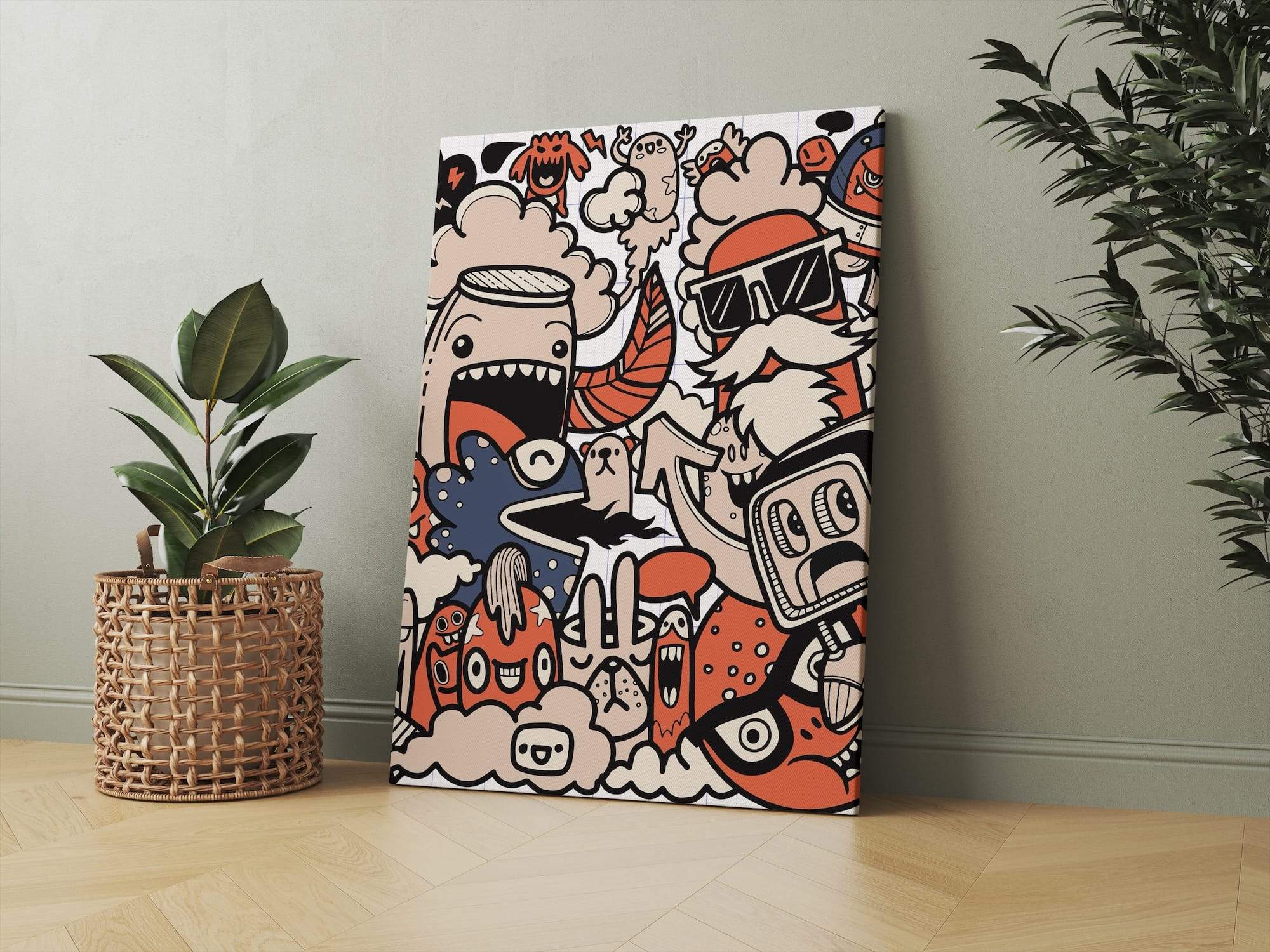 Notebook Doodle Art Red And Beige Cartoon Bold Lines Matte Canvas Print