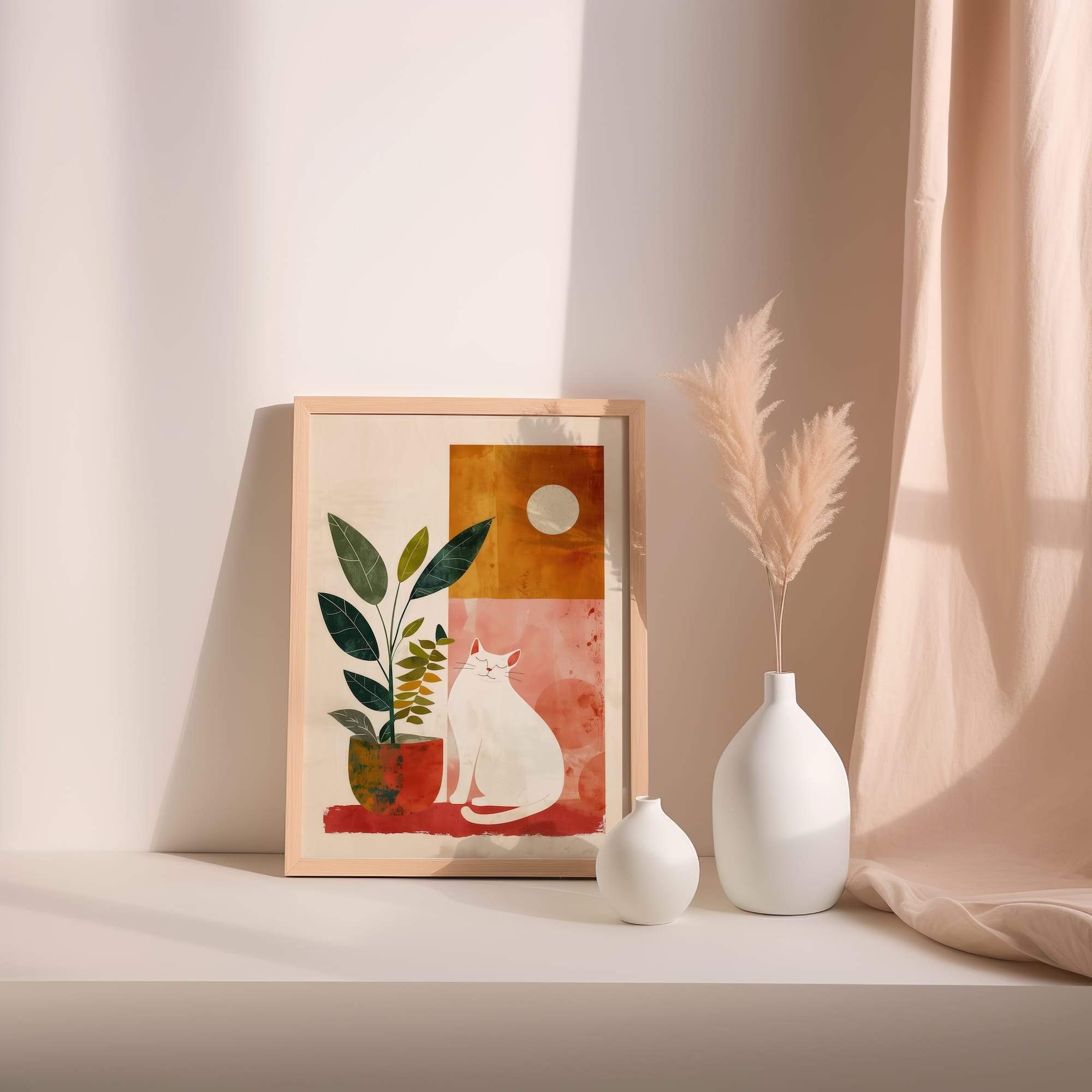 Sunset Cat And Plant Matte Poster Print - Image 2