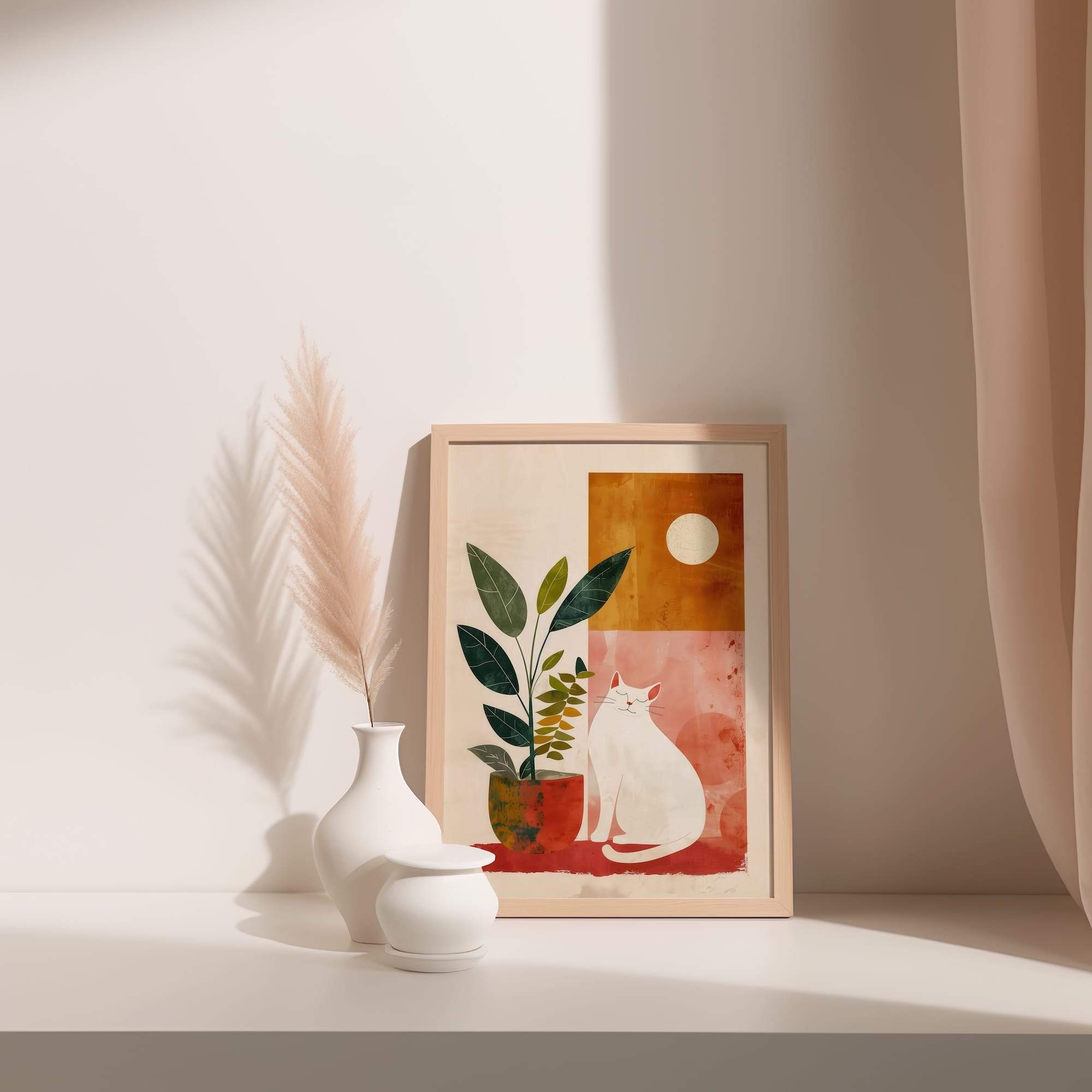 Sunset Cat And Plant Matte Poster Print - Image 3