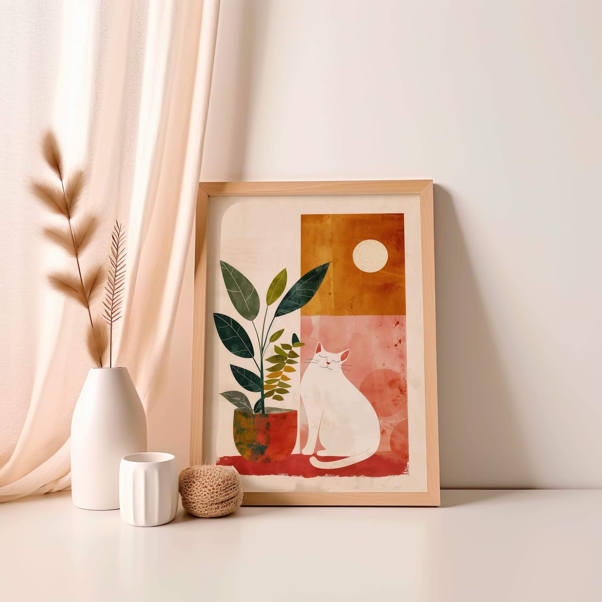 Sunset Cat And Plant Matte Poster Print - Image 4