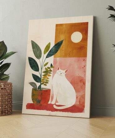 Sunset Cat And Plant Matte Canvas Print