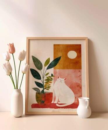 Sunset Cat And Plant Matte Poster Print