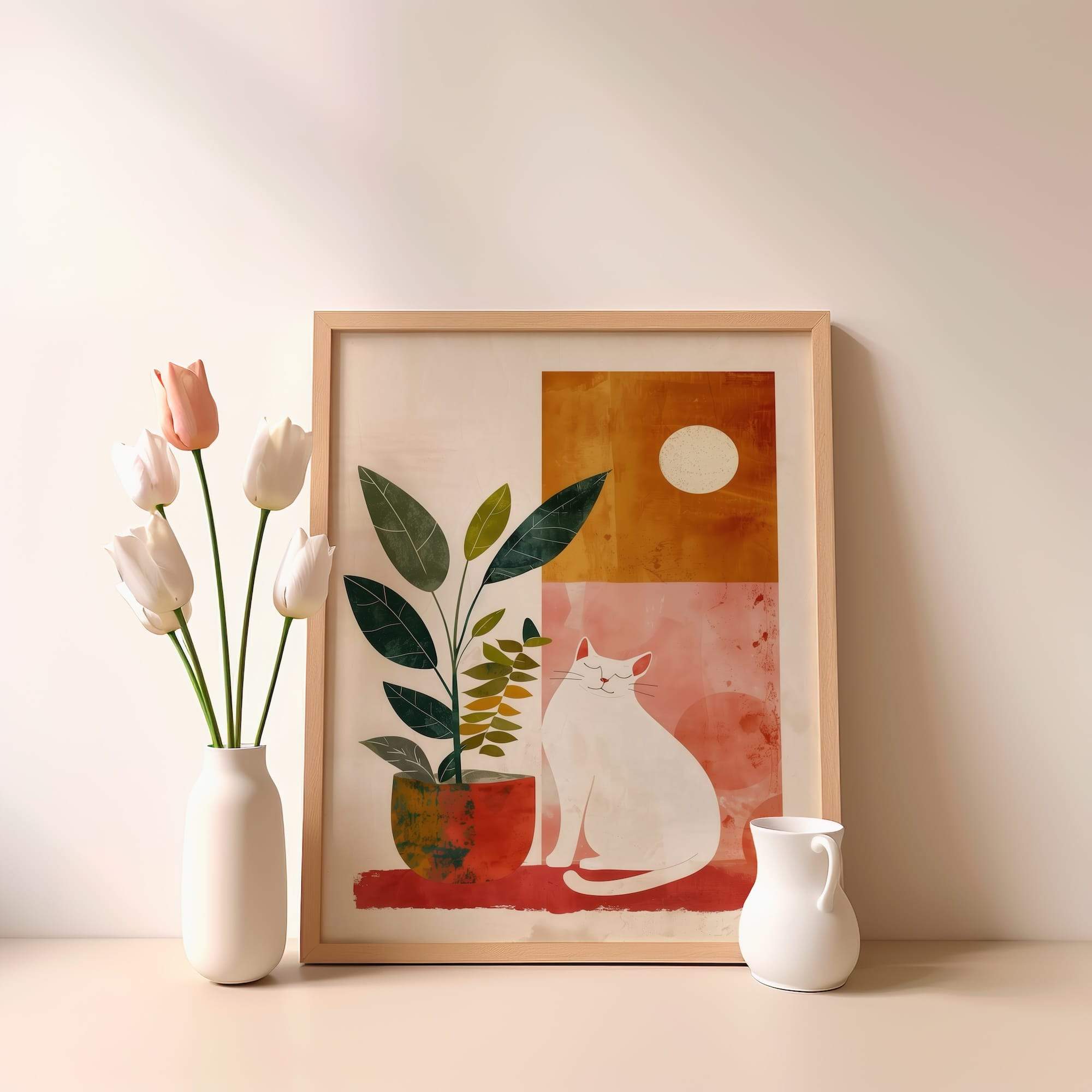 Sunset Cat And Plant Matte Poster Print