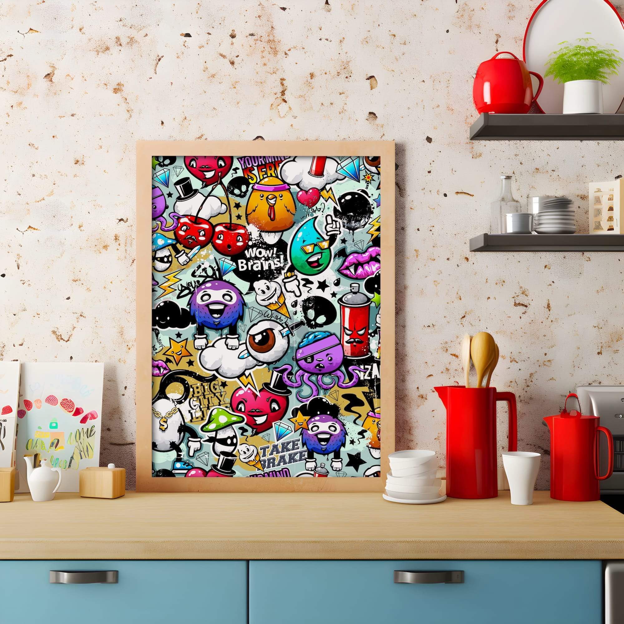 Urban Graffiti Doodle Sticker Mashup Pop Art Faces Matte Canvas Print - Image 3