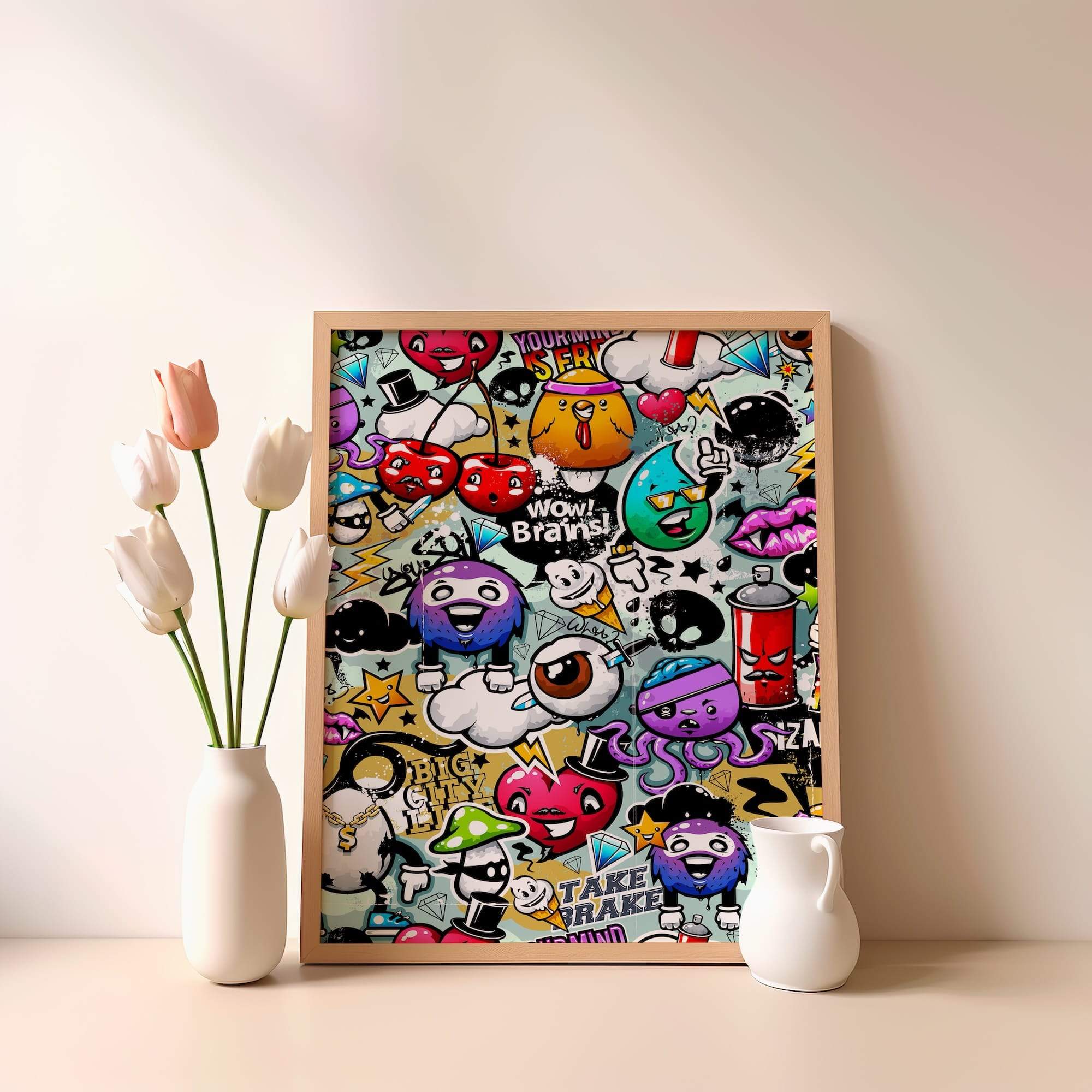 Urban Graffiti Doodle Sticker Mashup Pop Art Faces Matte Poster Print