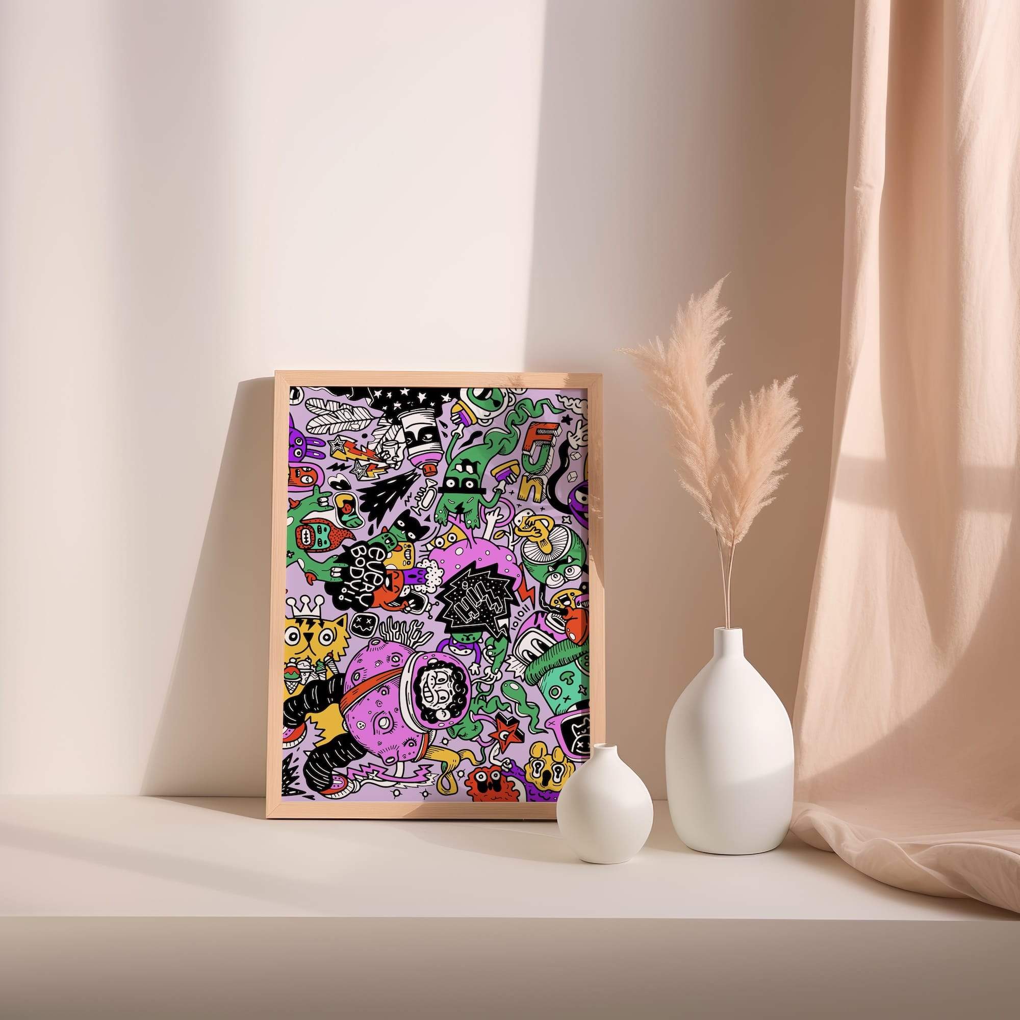 Floating Doodles Astronaut In Chaos Neon Aliens Matte Poster Print - Image 2