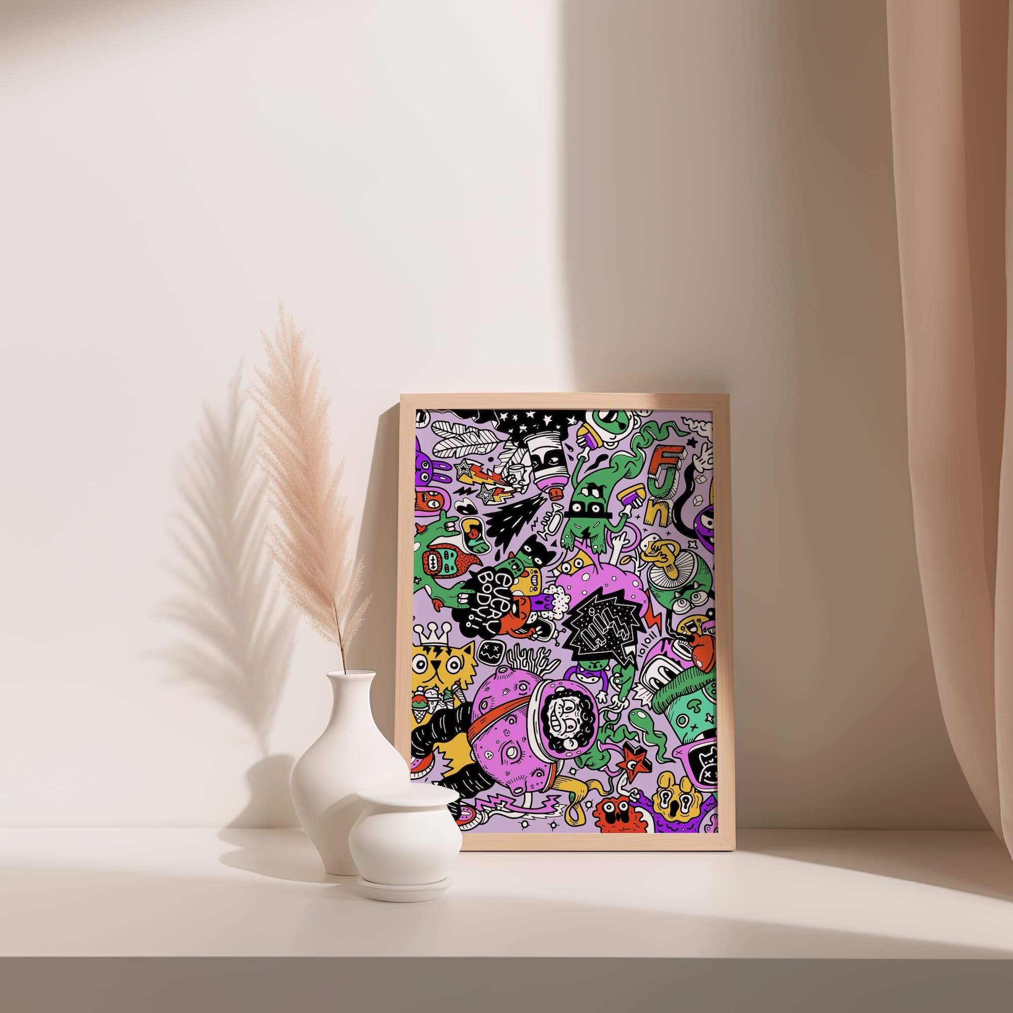 Floating Doodles Astronaut In Chaos Neon Aliens Matte Poster Print - Image 3