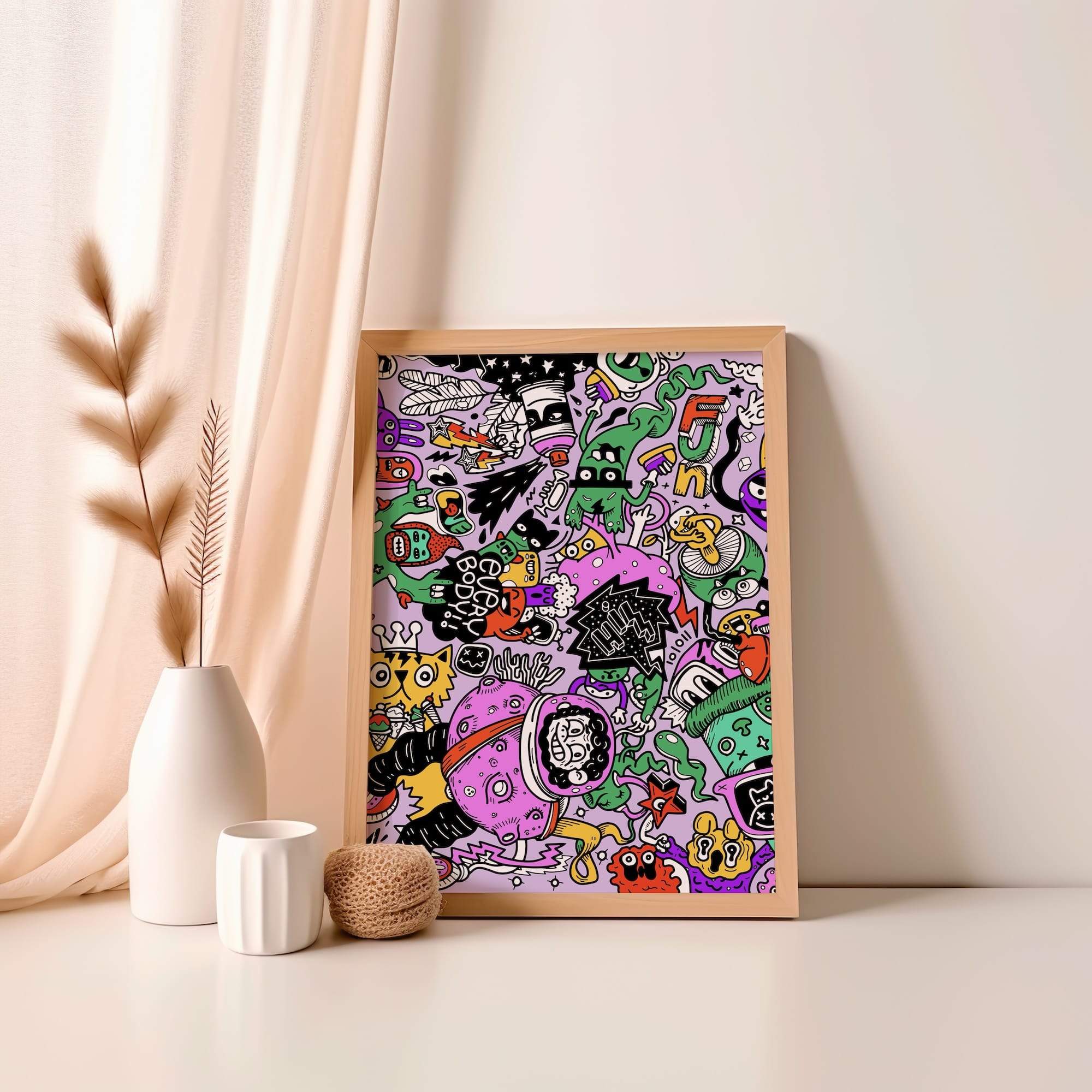 Floating Doodles Astronaut In Chaos Neon Aliens Matte Poster Print - Image 4